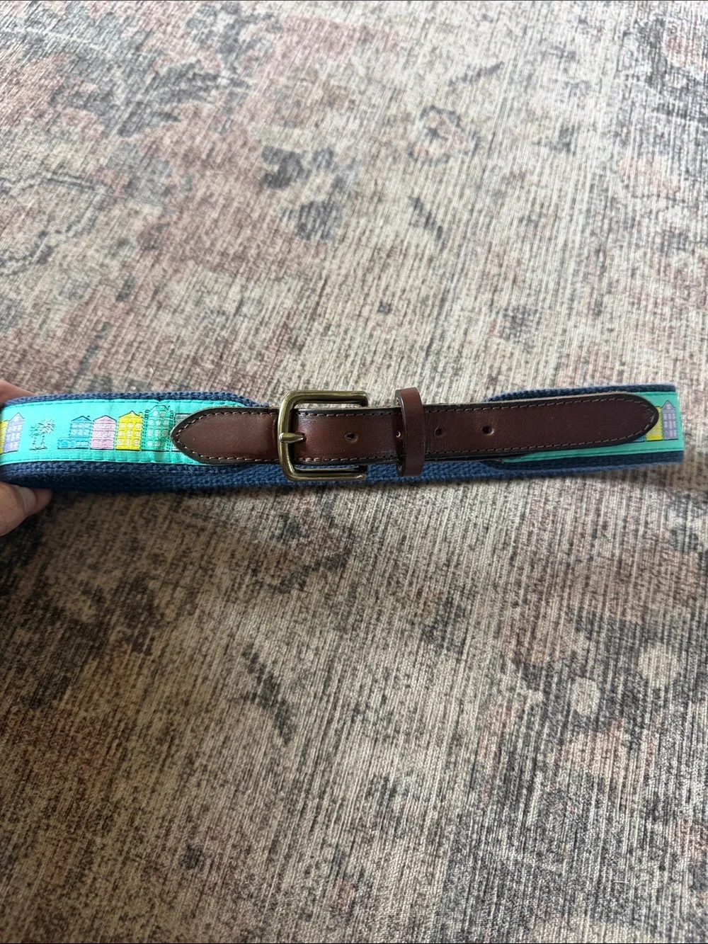 Kids Teal Webbed Belt with Brown Leather Trim